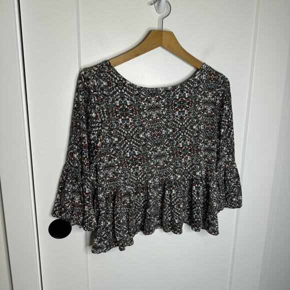 Free People Linen Floral Print Peplum Wide Sleeve Blouse Size Medium - Picture 5 of 5